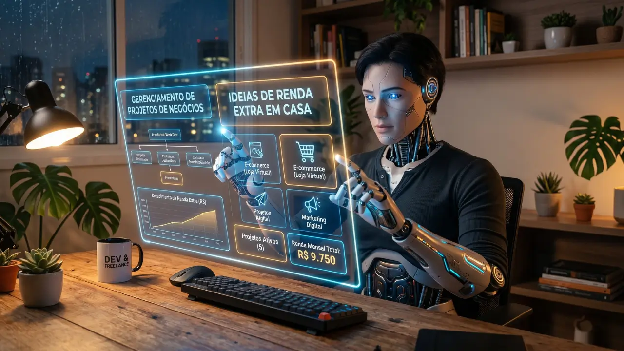 Mulher sorrindo enquanto trabalha no notebook em casa, ilustrando ideias de renda extra em casa0