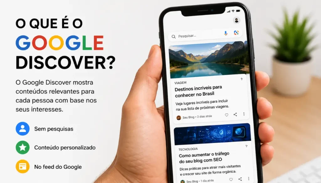 Feed do Google Discover exibindo conteúdos personalizados em um smartphone