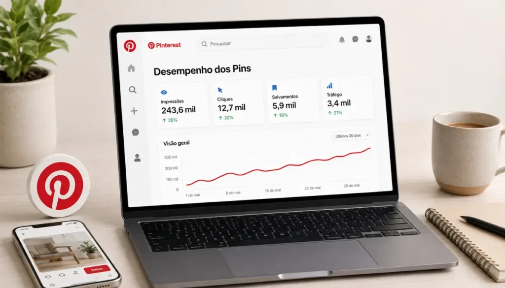 Painel de desempenho com impressões, cliques, salvamentos e tráfego