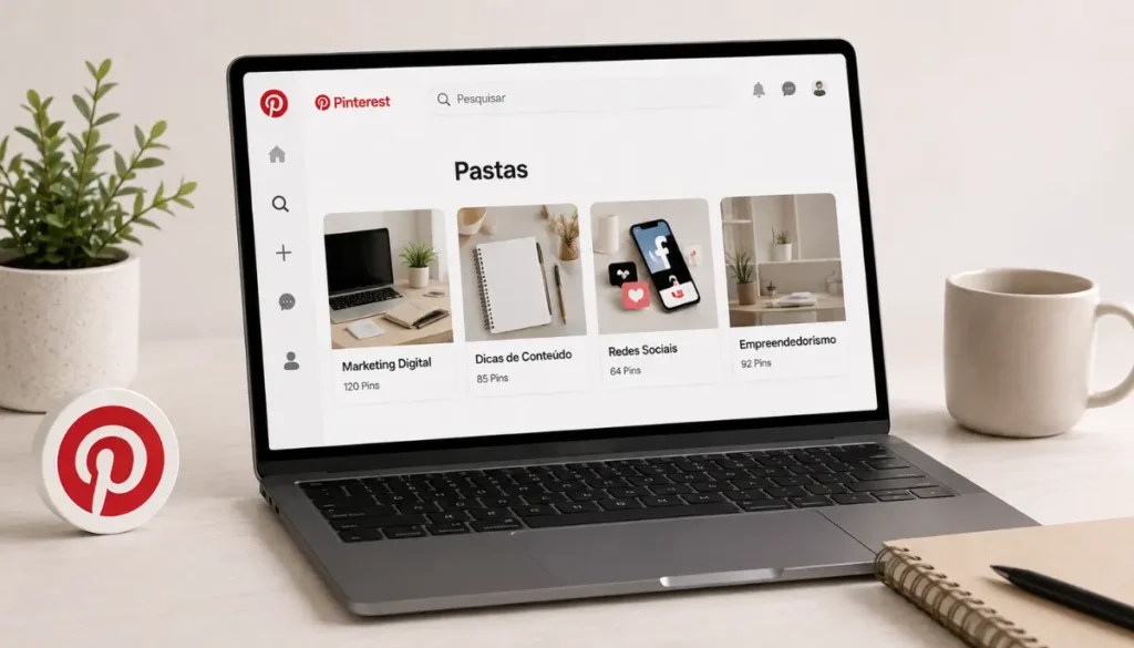 Pastas organizadas com conteúdos sobre marketing digital