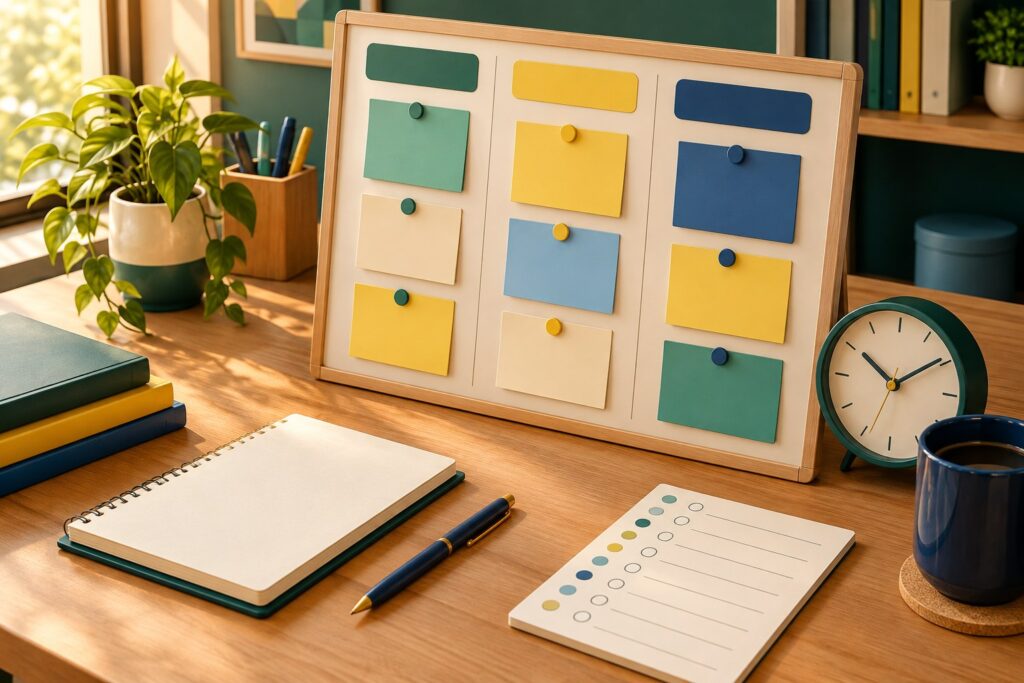 Calendário editorial com quadro de planejamento de pautas organizado em etapas