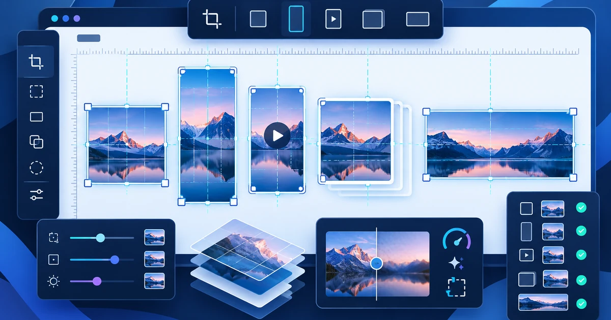 Painéis de edição com formatos de imagens para redes sociais em diferentes dispositivos